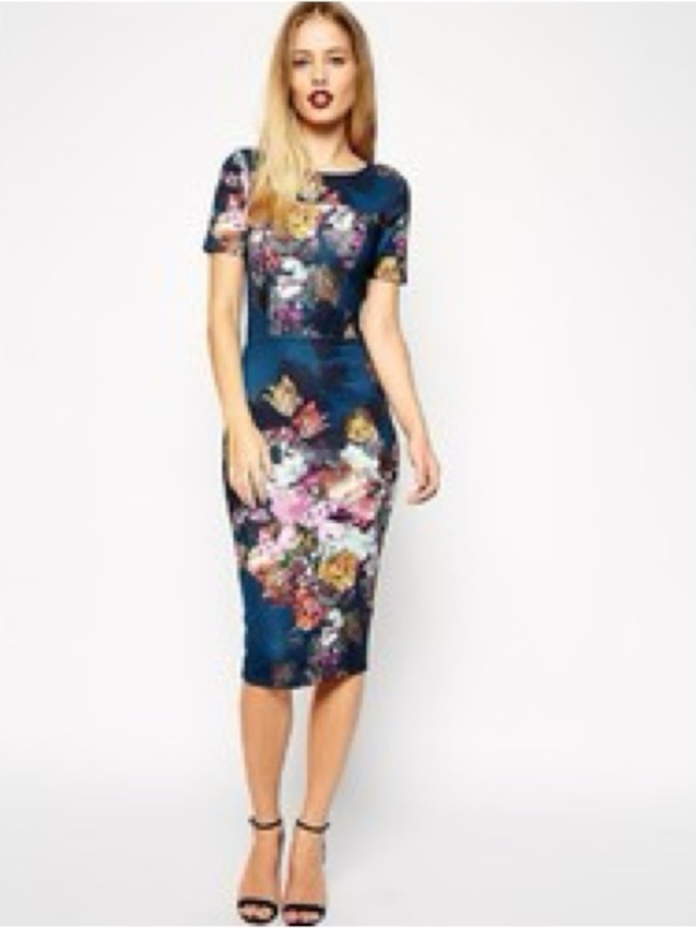 ASOS Navy Floral Midi Bodycon Dress